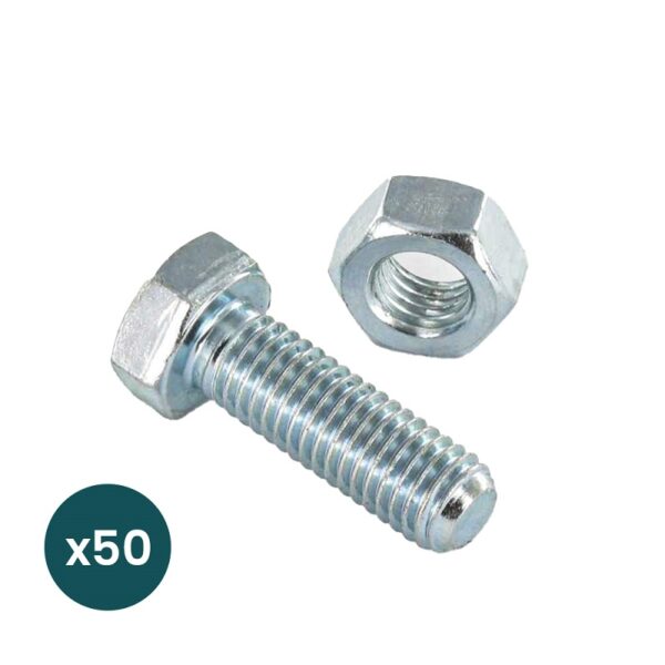 50 x Boulon avec ecrou (tête hexagonale 6*25) pour Rail Galvanisé